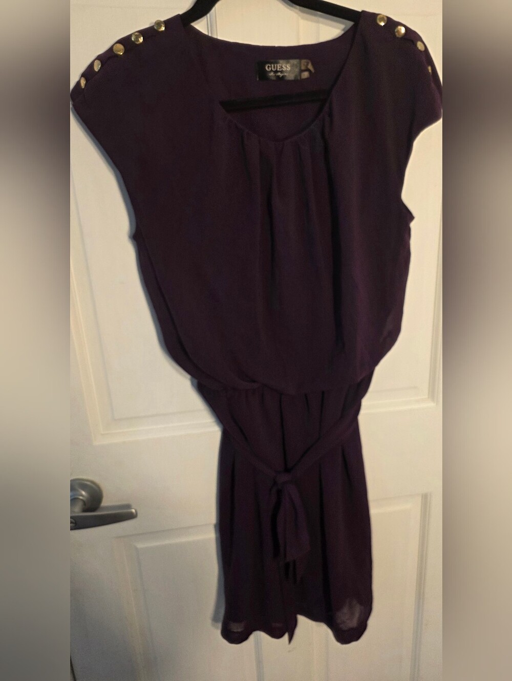GUESS Deep Purple Midi Dress with Gold Stud Shoulder Detail Size 8
